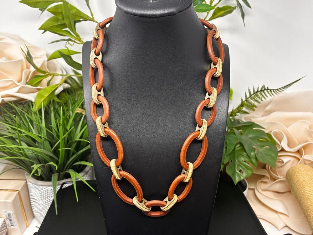 Vintage Ellen Tracy Brown Wood & Gold-Tone Statement Necklace